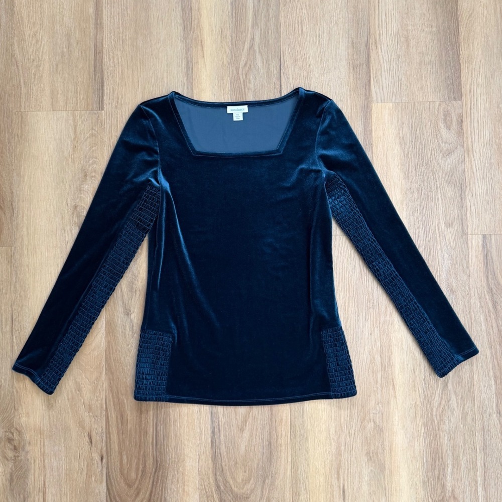 Sundance XS Teal Blue Stretch Velvet Smocked Panel Square Neck Top